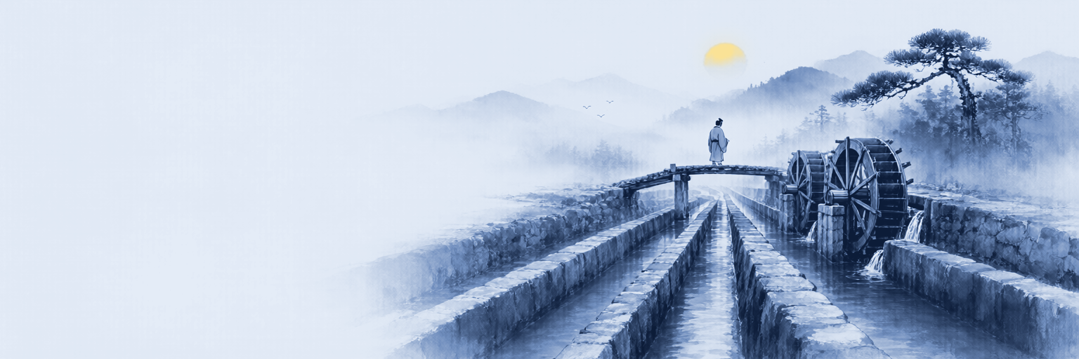 Ink-wash painting of a robed figure on a footbridge overseeing waterwheels turning along stone millrace channels