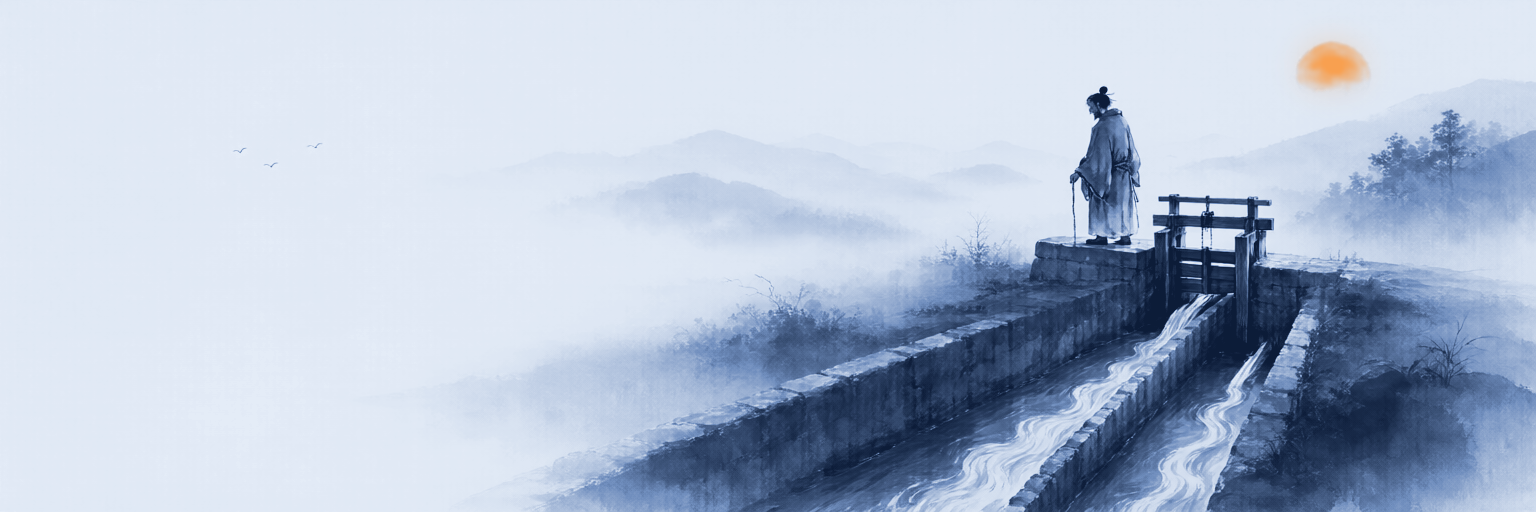 Pintura de tinta china de un guardián con túnica junto a una compuerta que dirige un arroyo de montaña por uno de dos canales: la capa de decisión que encamina el trabajo por la vía rápida o la lenta