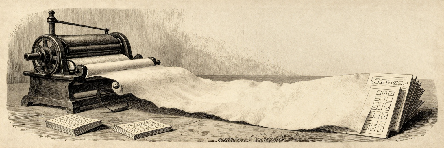 A Victorian printing press producing a long blank sheet of paper, beside a stack of marked ballot cards