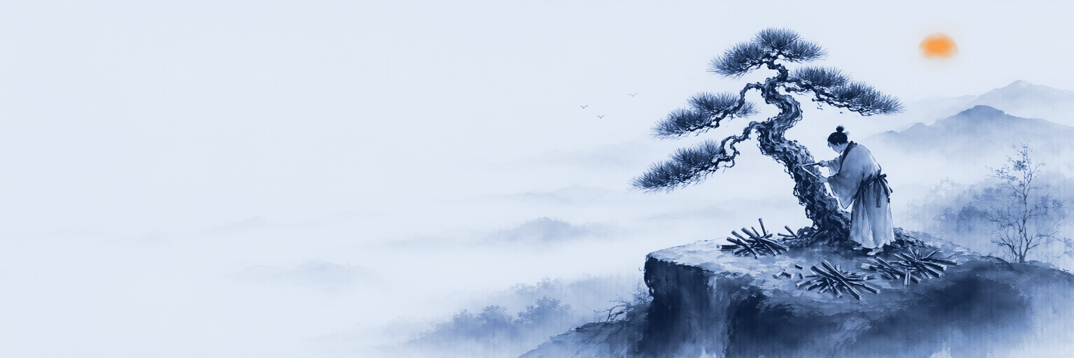 Ink-wash painting of a robed gardener pruning a gnarled pine on a rock ledge, cuttings scattered below: optimizing by removing what isn't needed